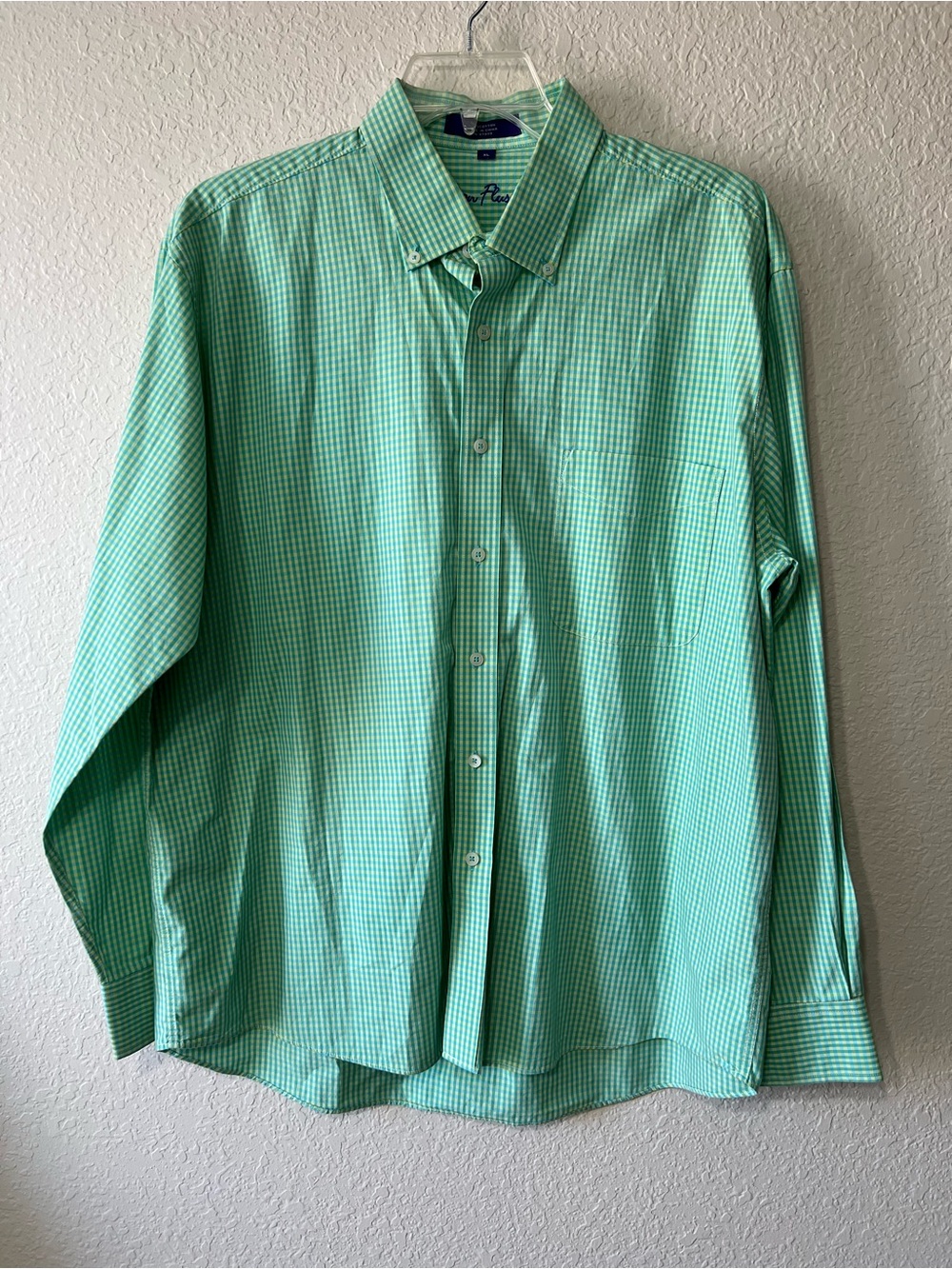 Alan Flusser Men's Green Gingham Check Cotton Dress Shirt 100% Cotton Size XL